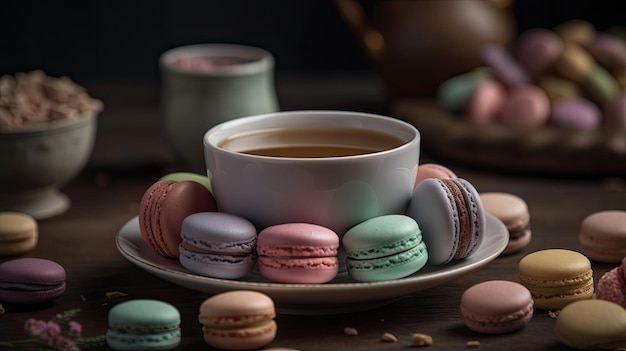 A cup of coffee and macaroons on a plate