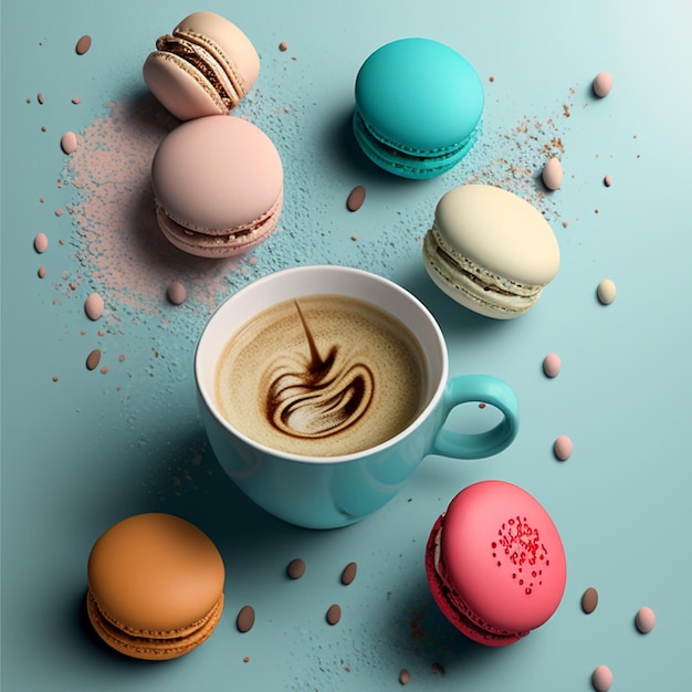 Cup of coffee and macaroons on table toned