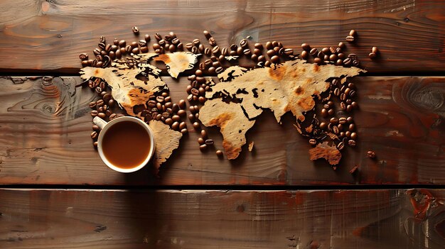 Photo a cup of coffee and a map of coffee on a wooden table