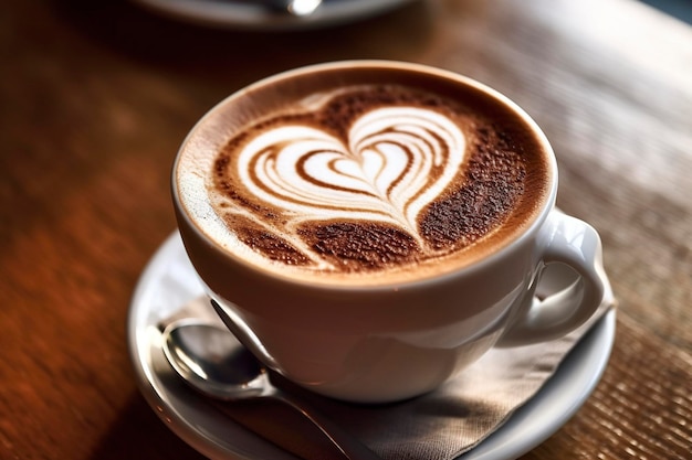 a cup of coffee milk with a sprinkling of chocolate powder in the shape of a heart on the table