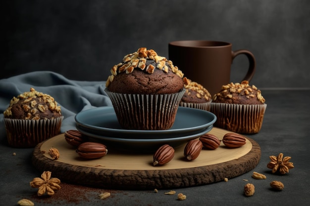 A cup of coffee and a muffin with nuts on it