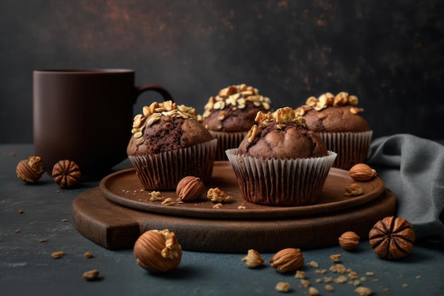 A cup of coffee and muffins with walnuts on a wooden tray.