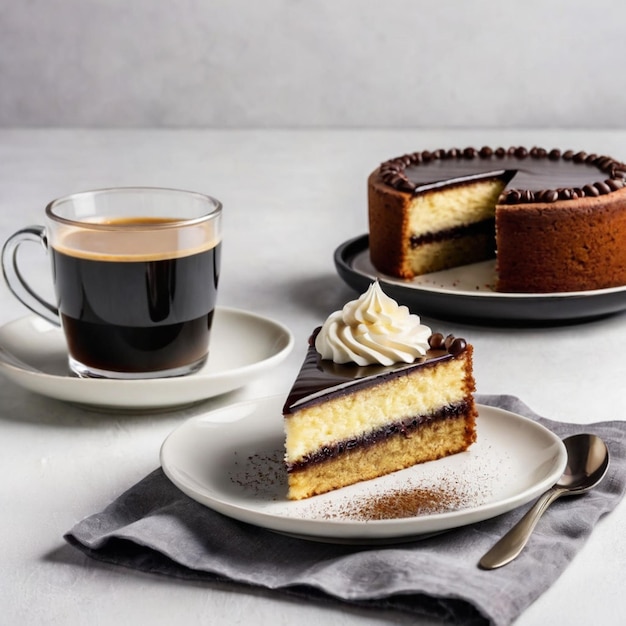 Cup of coffee and piece of chocolate cake on white background