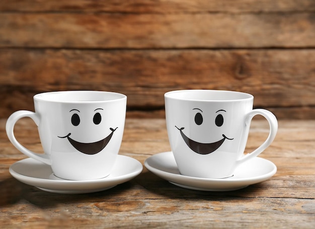 Cup of coffee on pink background with happy smile face on mug