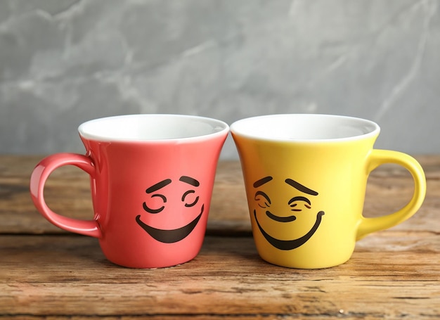 Photo cup of coffee on pink background with happy smile face on mug