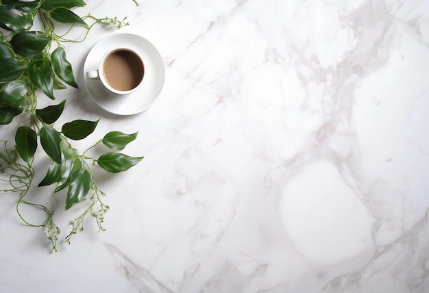 a cup of coffee and a plant on a table