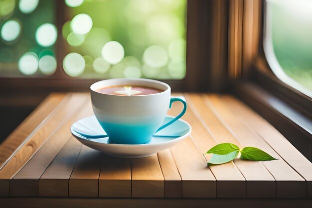 a cup of coffee and a plate of leaves on a table