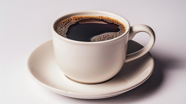 a cup of coffee and a plate with a leaf on it