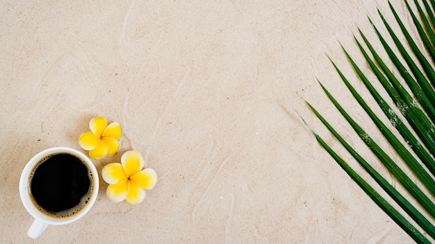 Cup Coffee and Plumeria On Sand background