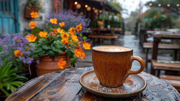 Photo cup of coffee on rainy day at outdoor cafe