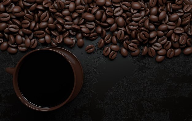 Cup of coffee and realistic coffee beans flat lay 3d rendering background Masses of coffee beans