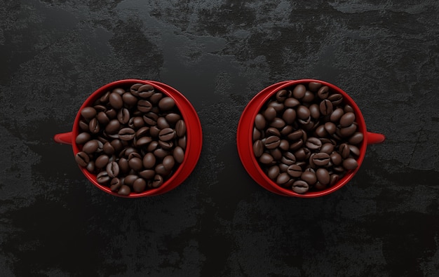 Cup of coffee and realistic coffee beans flat lay 3d rendering background