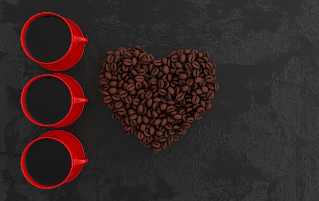 Cup of coffee and realistic coffee beans heart flat lay 3d rendering background