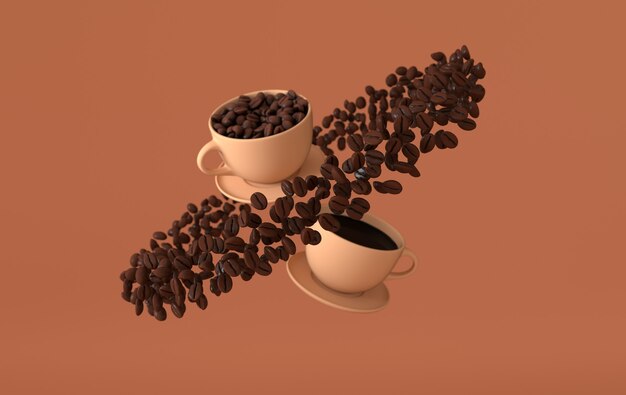 Cup of coffee and realistic coffee beans rendering