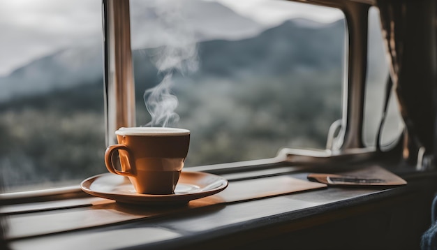 a cup of coffee on a saucer and a book