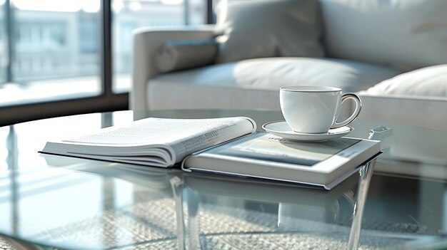 A cup of coffee on a saucer rests on a book and a glass table