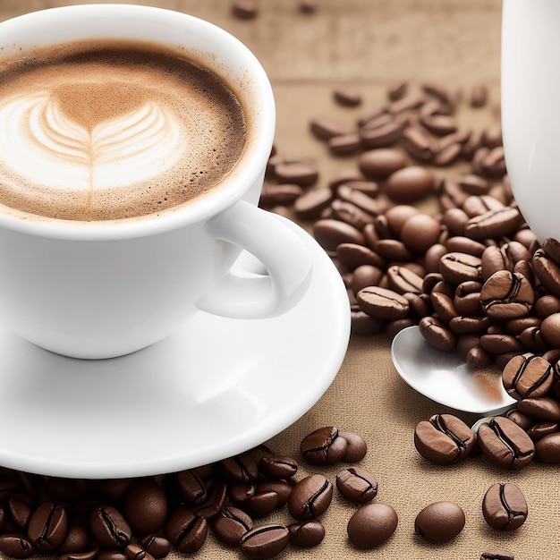 A Cup Of Coffee On A Saucer Surrounded By Coffee Beans