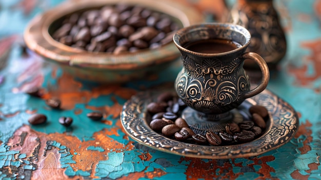 Photo a cup of coffee and a saucer with a flower design on it