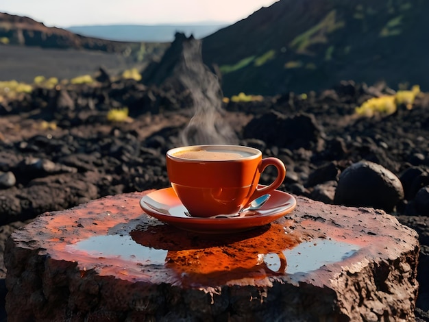 a cup of coffee on a saucer with a red cup of coffee