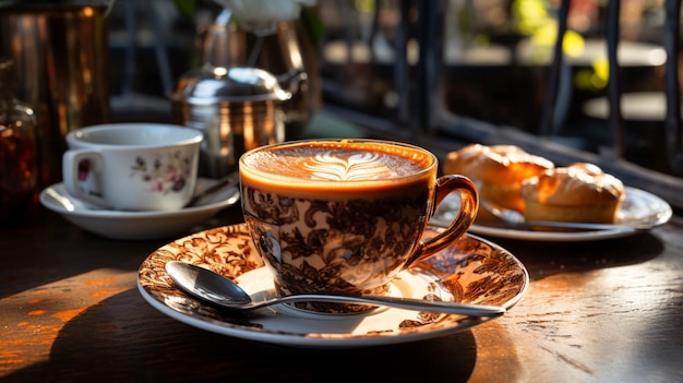 a cup of coffee on a saucer with a spoon on a table