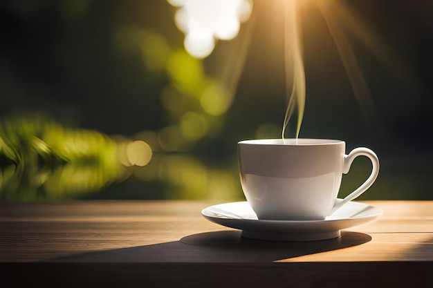 a cup of coffee on a saucer with the sun setting behind it