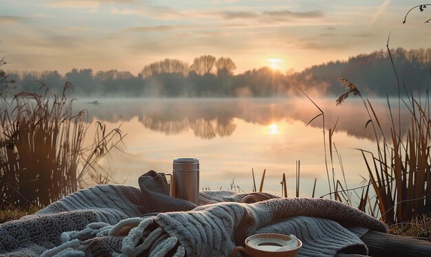 Photo a cup of coffee and a scarf by a lake with the sun setting behind them