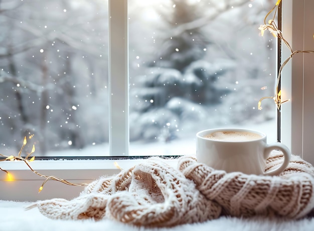 Photo a cup of coffee and a scarf on a window sill