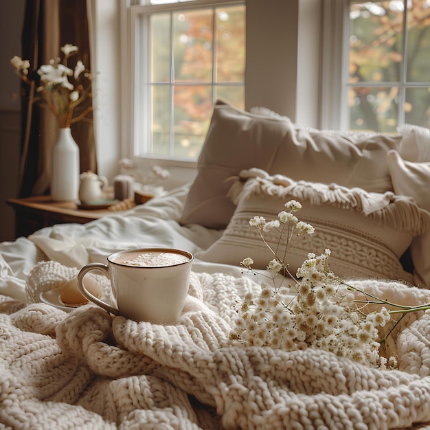 Photo a cup of coffee sits on a bed with a blanket that says  coffee