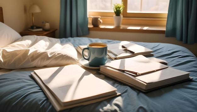 a cup of coffee sits on a bed with books and a book on it