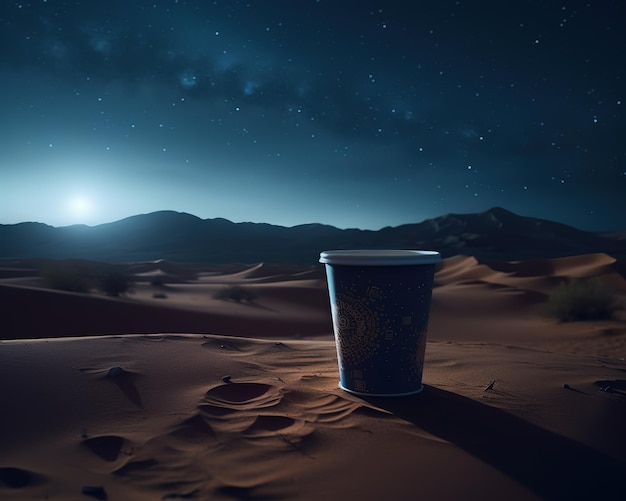 A cup of coffee sits in the desert at night.