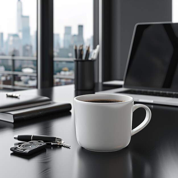 Photo a cup of coffee sits on a desk next to a laptop