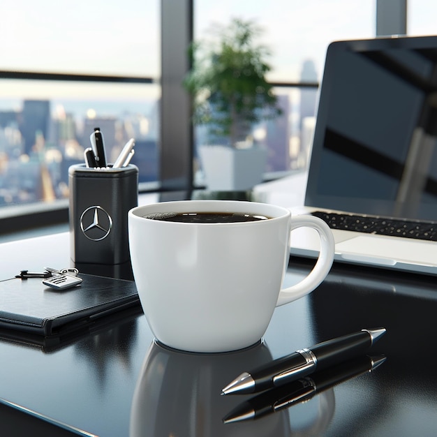 Photo a cup of coffee sits on a desk next to a laptop