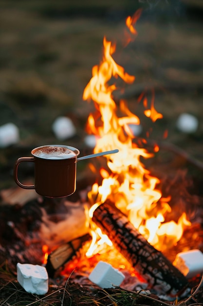 a cup of coffee sits on a fire next to a campfire