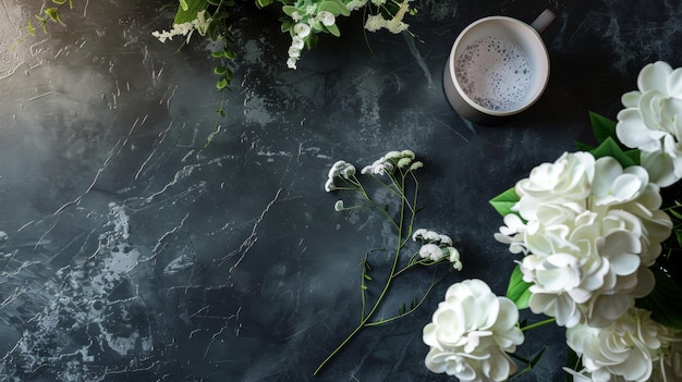 Photo a cup of coffee sits next to a flower on a table