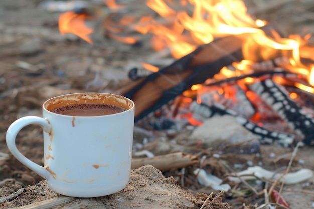 a cup of coffee sits on the ground next to a fire