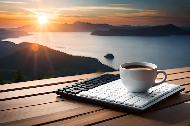 A cup of coffee sits on a keyboard with a view of the ocean and mountains in the background.