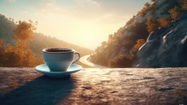 A cup of coffee sits on a ledge in front of a winding road.