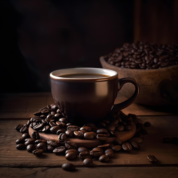 A cup of coffee sits on a pile of coffee beans.