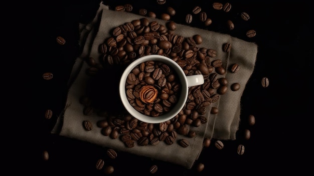 A cup of coffee sits on a pile of coffee beans.