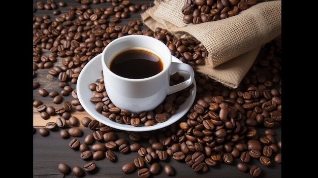 A cup of coffee sits on a pile of coffee beans.