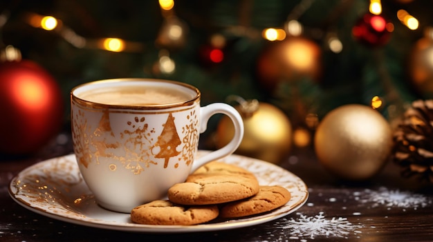 a cup of coffee sits on a plate next to a christmas tree