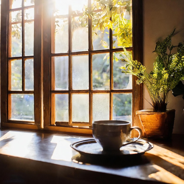 a cup of coffee sits on a plate in front of a window