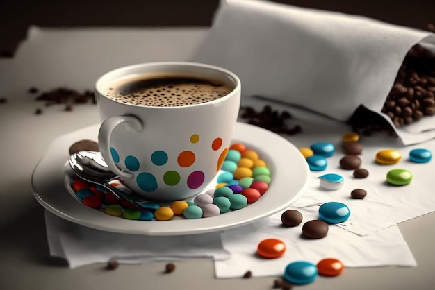 A cup of coffee sits on a plate next to some chocolates and chocolates.