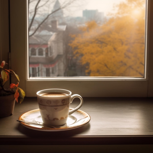 A cup of coffee sits on a plate next to a window with a plant in it.