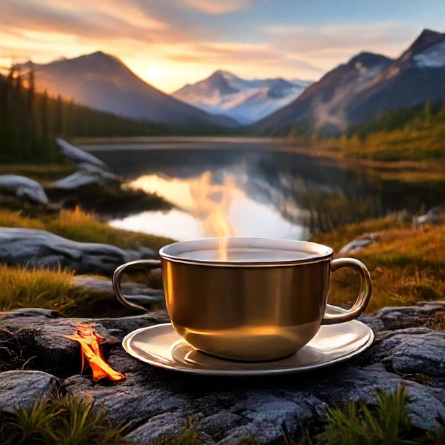 a cup of coffee sits on a rock next to a lake