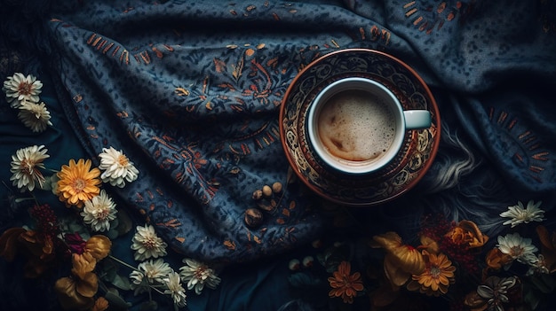 A cup of coffee sits on a saucer next to a floral blanket.