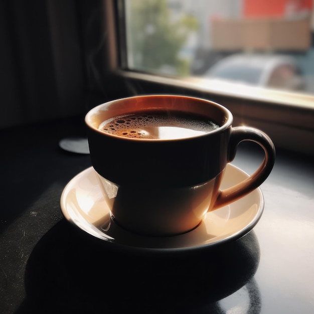 A cup of coffee sits on a saucer next to a window.