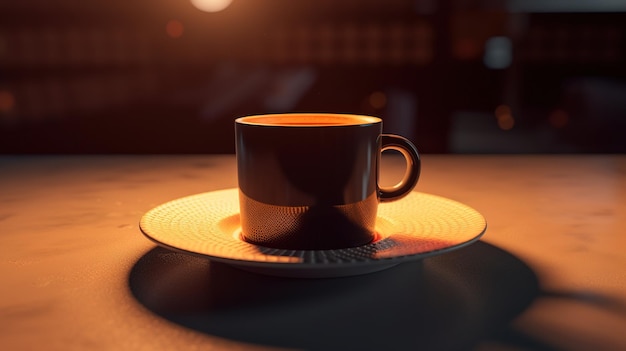 A cup of coffee sits on a saucer with a light shining on it.