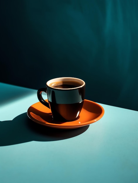 A cup of coffee sits on a saucer with the word coffee on it.