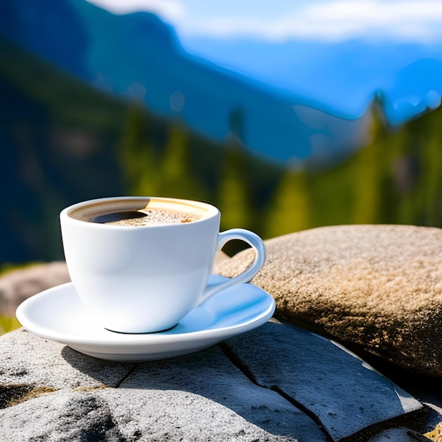 A cup of coffee sits on a stone ledge.